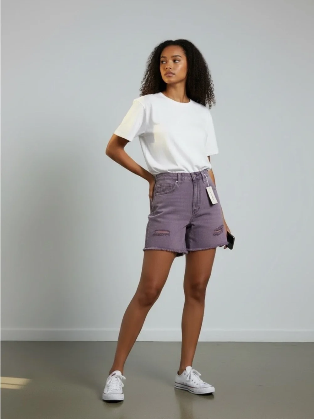 Zenana Outfitters Stretchy Lavender High-Rise Distressed Jean Shorts - Picture 2 of 4